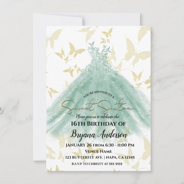 Invitación Mariposa Baila Verde Vestido Dorado Dulce 16 Fiest (Anverso)