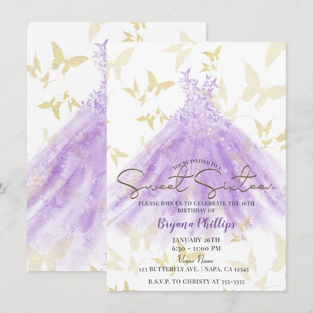 Invitación Mariposa Baila Vestido púrpura Dulce dorado 16 Fie (Anverso / Reverso)