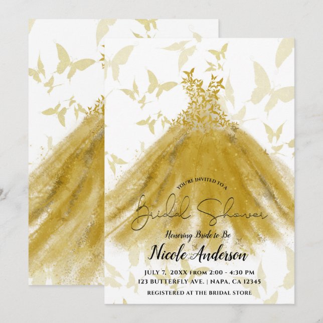 Invitación Mariposa Baile Amarillo Vestido Dorado Ducha de No (Anverso / Reverso)