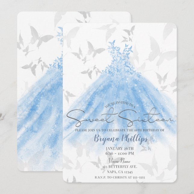 Invitación Mariposa Baile Azul Esparkle Vestido Dulce 16 Fies (Anverso / Reverso)
