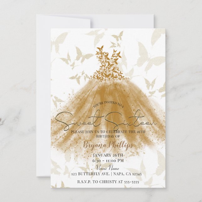 Invitación Mariposa Baile Dorado Esparkle Vestido dulce 16 Fi (Anverso)