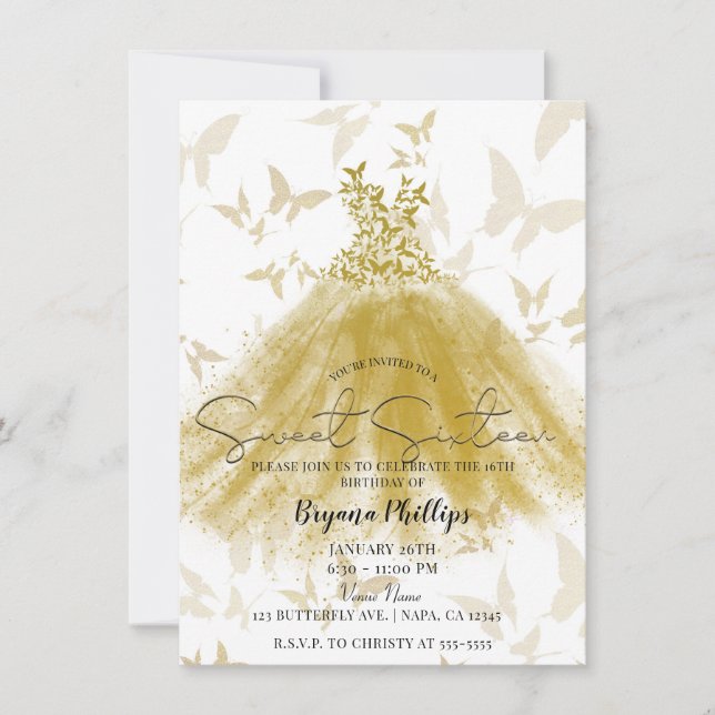 Invitación Mariposa Baile Dorado Esparkle Vestido dulce 16 Fi (Anverso)