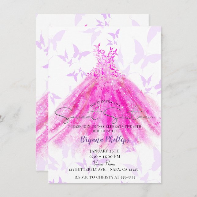 Invitación Mariposa Baile Morado Vestido Rosado Caliente Dulc (Anverso / Reverso)