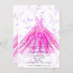 Invitación Mariposa Baile Morado Vestido Rosado Caliente Dulc