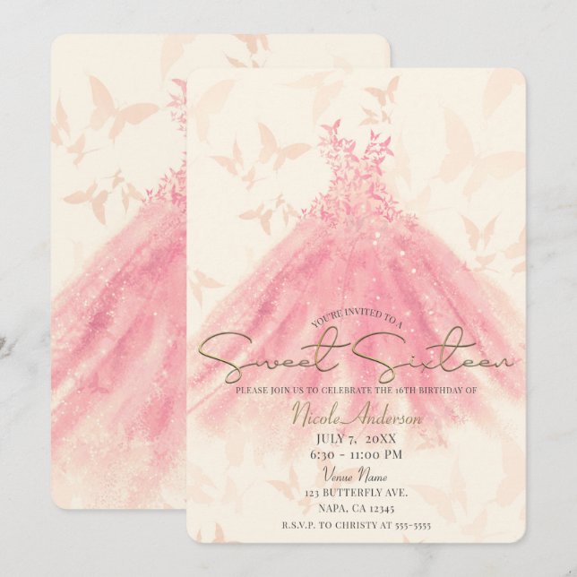 Invitación Mariposa Baile Peach Sparkle Vestido Dulce 16 Fies (Anverso / Reverso)