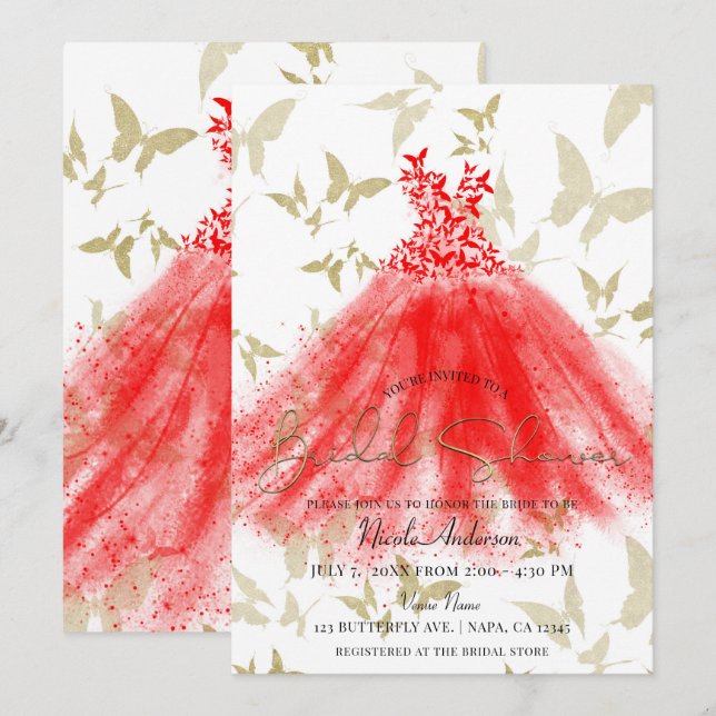 Invitación Mariposa Baile Rojo Vestido Dorado Ducha de Novia (Anverso / Reverso)