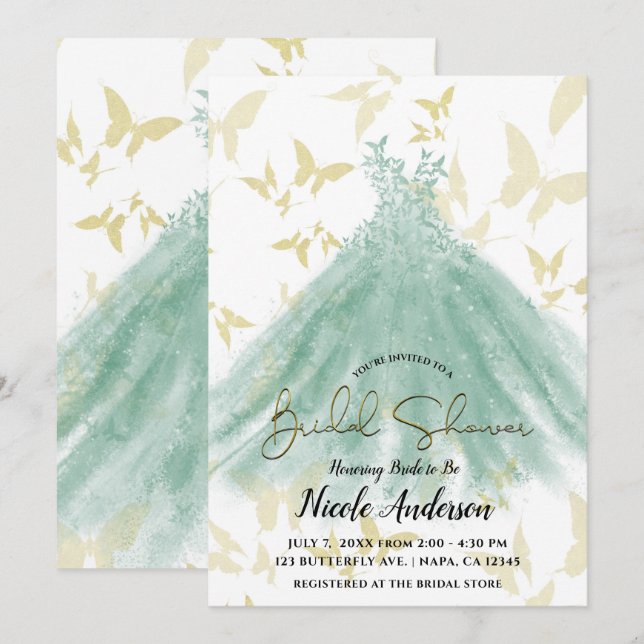 Invitación Mariposa Baile Verde Vestido Dorado Ducha de Novia (Anverso / Reverso)