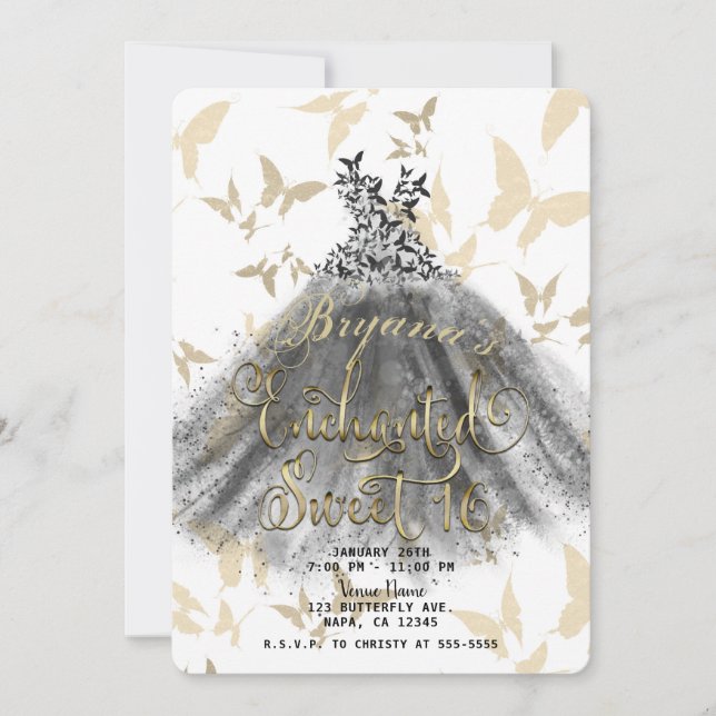 Invitación Mariposa Baile Vestido Dorado Negro Dulce 16 16º (Anverso)