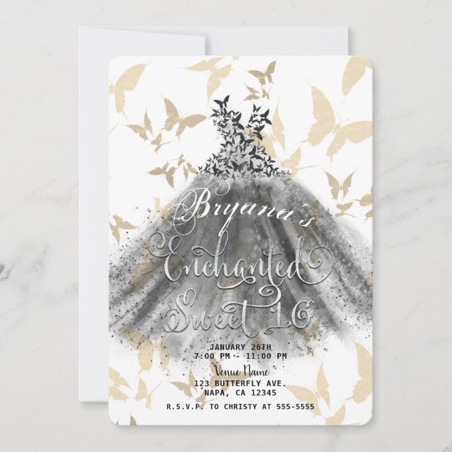 Invitación Mariposa Baile Vestido Negro Oro Dulce 16 (Anverso)