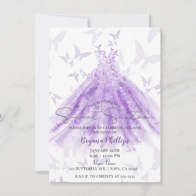 Invitación Mariposa Baile Vestido púrpura Dulce 16 Fiesta (Anverso)