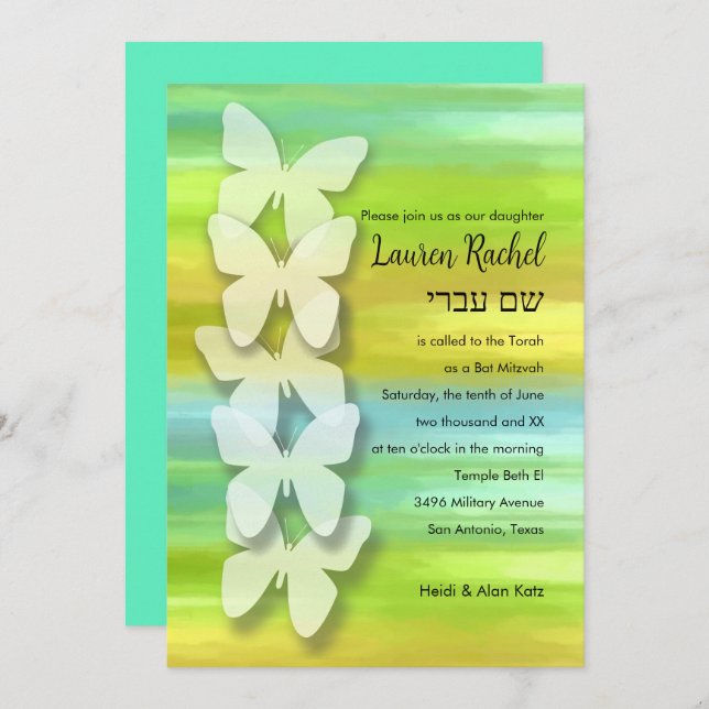 Invitación Mariposa Bat Mitzvah Acuarela Azul Verde Amarillo (Anverso / Reverso)