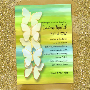 Invitación Mariposa Bat Mitzvah Acuarela Azul Verde Amarillo