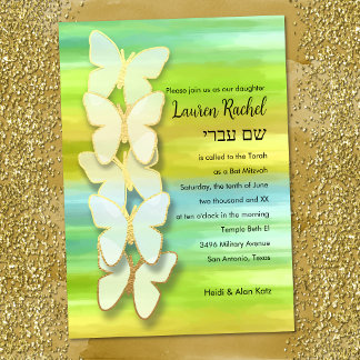 Invitación Mariposa Bat Mitzvah Acuarela Azul Verde Amarillo