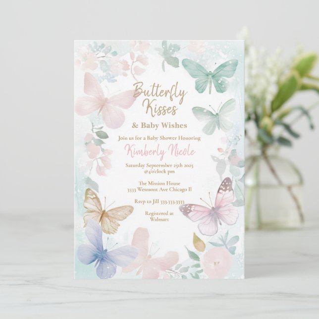 Invitación Mariposa bebé ducha mariposa besos bebé ducha bebé (Anverso de pie)