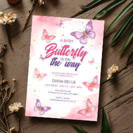 Invitación Mariposa Bebé en Camino Rosa Morado Acuarela