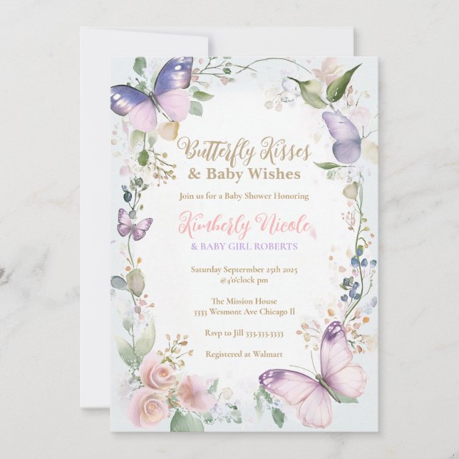 Invitación Mariposa bebé Mariposa besa ducha bebé (Anverso)