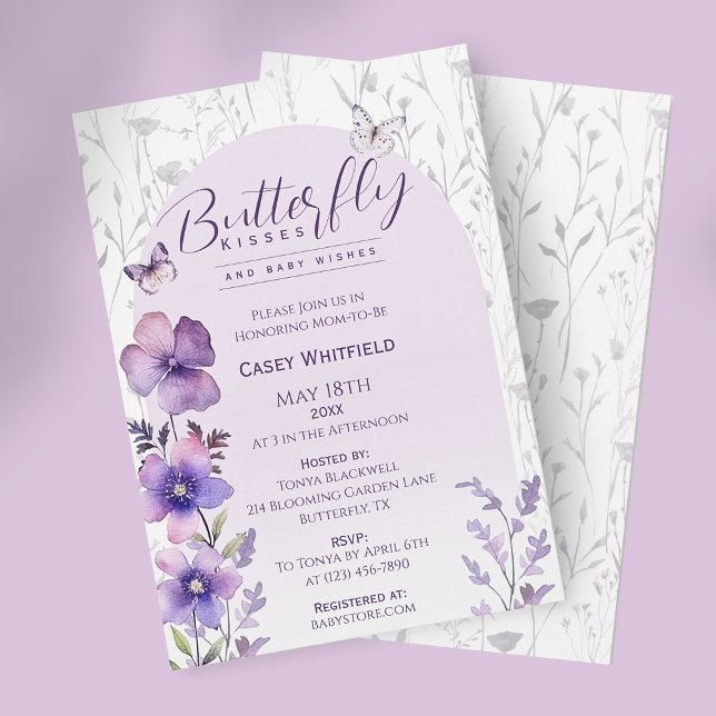 Invitación Mariposa besa Baby Shower Purple Boho (Butterfly Kisses Purple Boho Baby Shower Invitation)