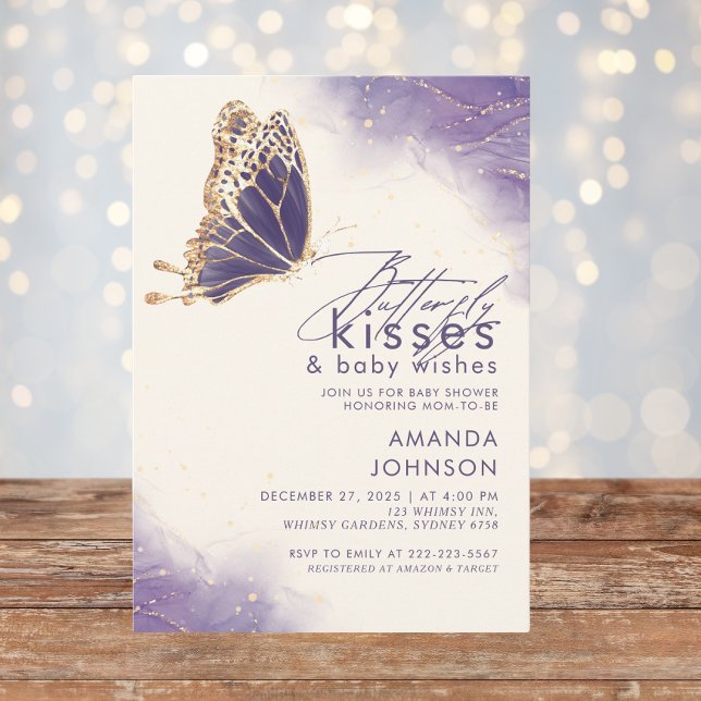 Invitación Mariposa besa Baby Shower Purpurina morado (Subido por el creador)