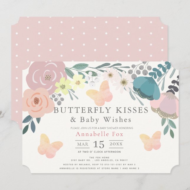 Invitación Mariposa besa Baby Shower rosa floral (Anverso / Reverso)