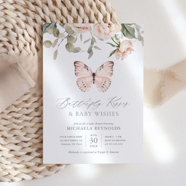 Invitación Mariposa besa Chica floral rosa Baby Shower (Subido por el creador)