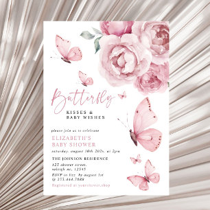 Invitación Mariposa besa Chica floral rosa Baby Shower