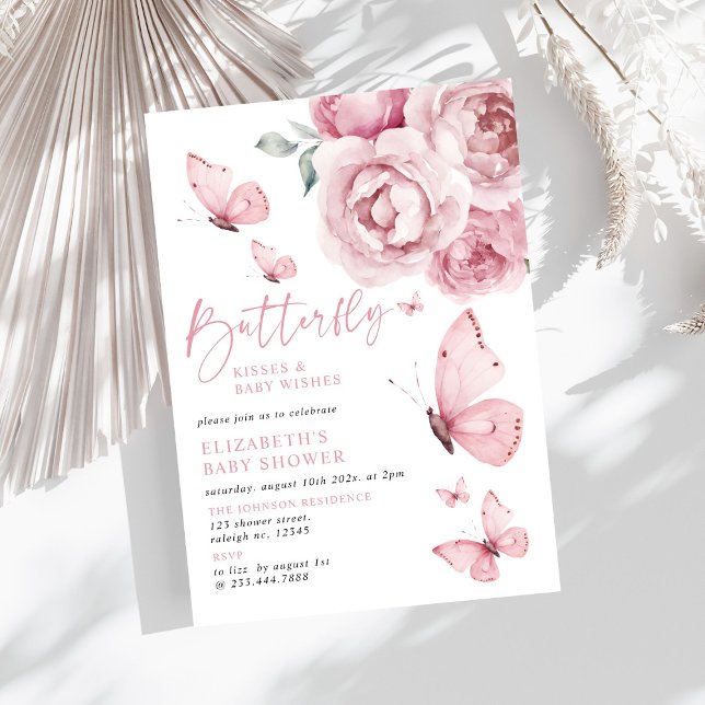 Invitación Mariposa besa Chica floral rosa Baby Shower (Subido por el creador)