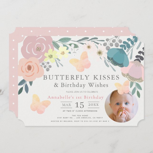 Invitación Mariposa besa Chica floral rosa foto de cumpleaños (Anverso / Reverso)