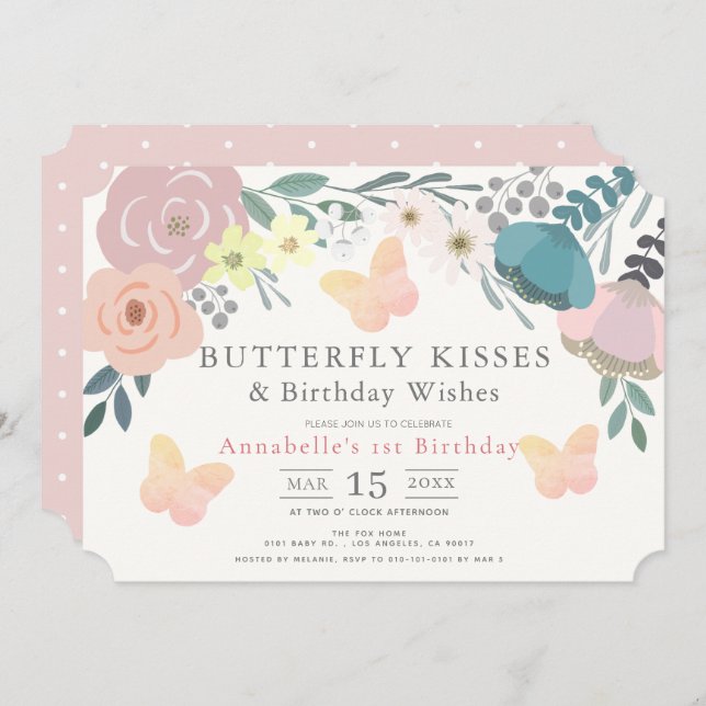 Invitación Mariposa besa Chica floral rosada Cumpleaños (Anverso / Reverso)