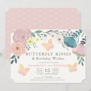 Invitación Mariposa besa Chica floral rosada Cumpleaños