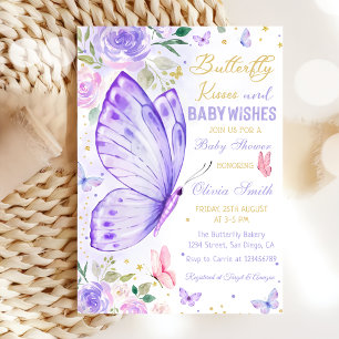 Invitación Mariposa besa Chica morado floral Baby Shower