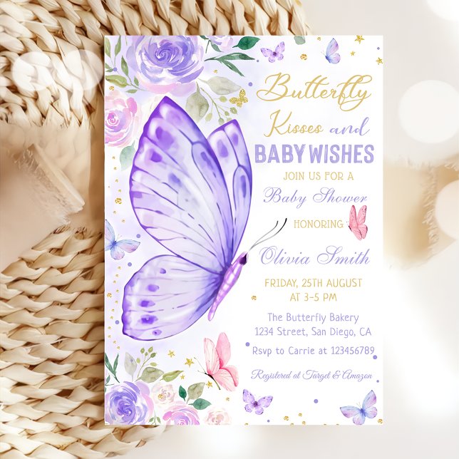 Invitación Mariposa besa Chica morado floral Baby Shower (Subido por el creador)