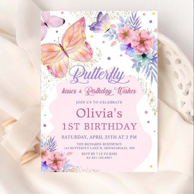 Invitación Mariposa besa Chica rosa floral Cumpleaños (Subido por el creador)