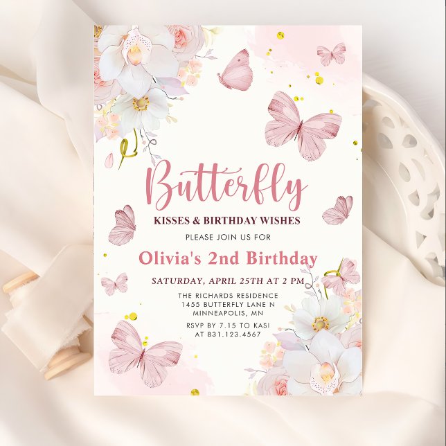Invitación Mariposa besa floral Boho Chica rosado cumpleaños (Subido por el creador)