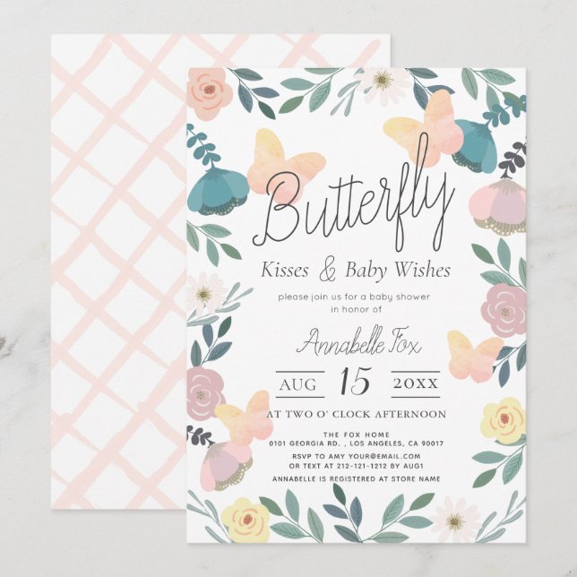 Invitación Mariposa besa floral jardín rosado Baby Shower (Anverso / Reverso)