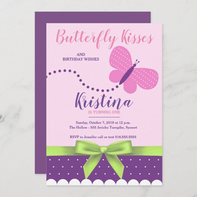 Invitación Mariposa besa polka primer cumpleaños (Anverso / Reverso)