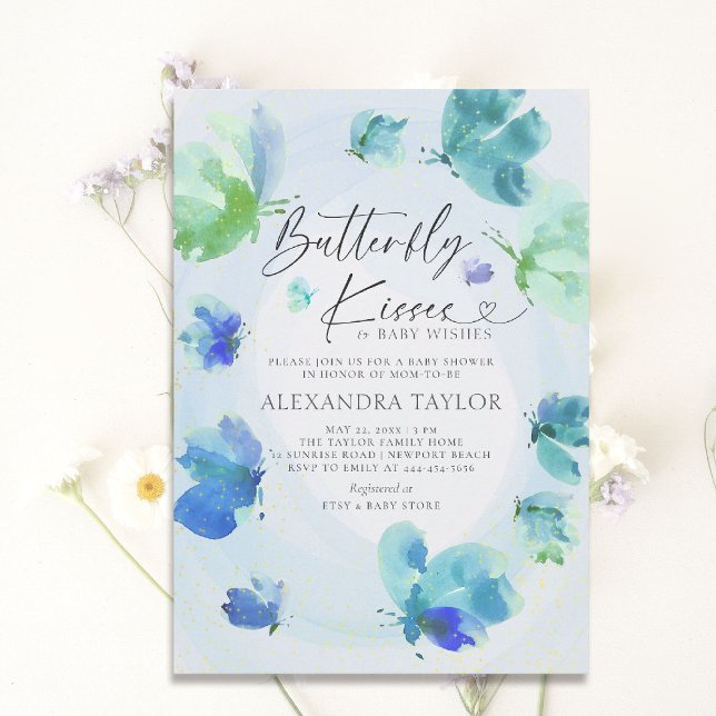 Invitación Mariposa Besada Azul Acuarela Bebé Ducha (butterfly baby shower theme invitation watercolor whimsical sprinkles garden party spring summer boy)
