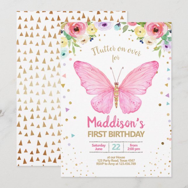 Invitación Mariposa Besada Jardín Floral Confetti Cumpleaños (Anverso / Reverso)