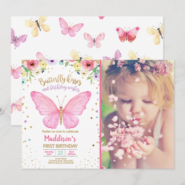 Invitación Mariposa Besada Jardín Floral Confetti Cumpleaños (Anverso / Reverso)