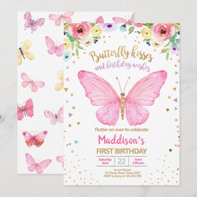 Invitación Mariposa Besada Jardín Floral Confetti Cumpleaños (Anverso / Reverso)