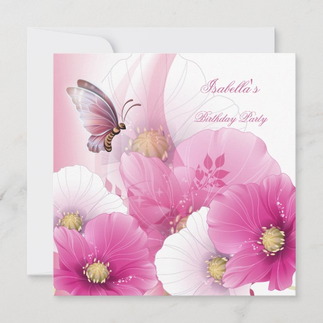 Invitación Mariposa blanca rosada floral Bonito de fiesta de  (Anverso)