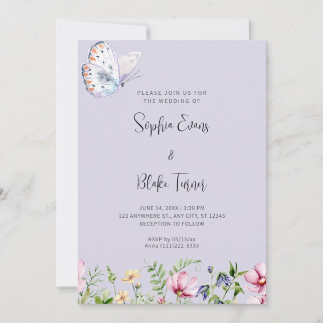 Invitación Mariposa blanca y Boda de flores silvestres periwi (Anverso)