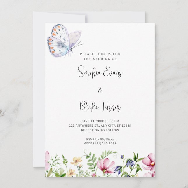 Invitación Mariposa blanca y flores silvestres Boda blanco (Anverso)