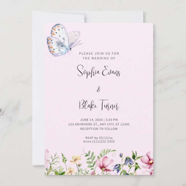 Invitación Mariposa blanca y flores silvestres Boda rosa páli (Anverso)