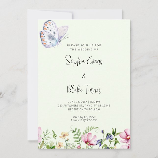 Invitación Mariposa blanca y flores silvestres Boda verde (Anverso)