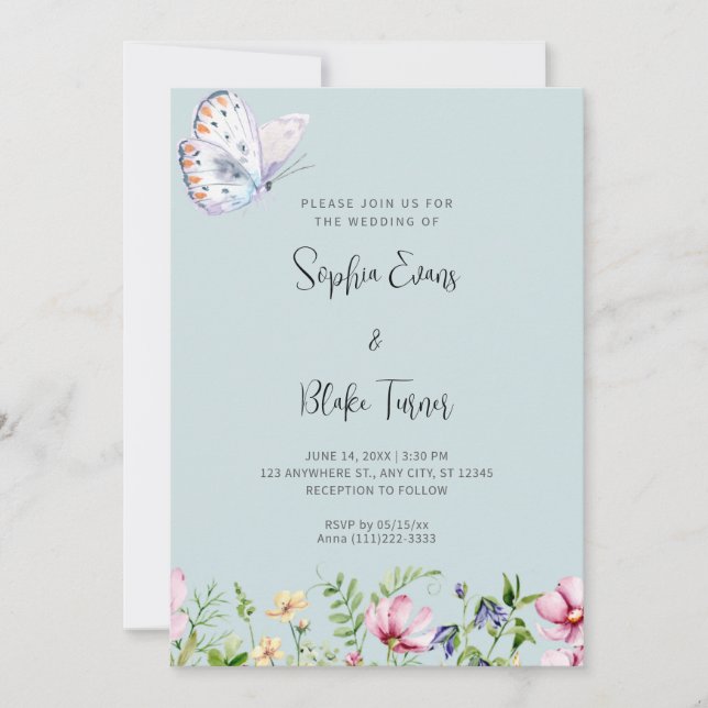 Invitación Mariposa blanca y flores silvestres Boda verde sua (Anverso)