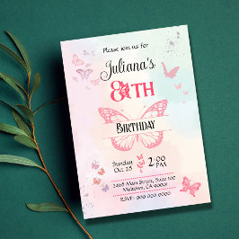 Invitación Mariposa blanca y rosa temática 8 cumpleaños