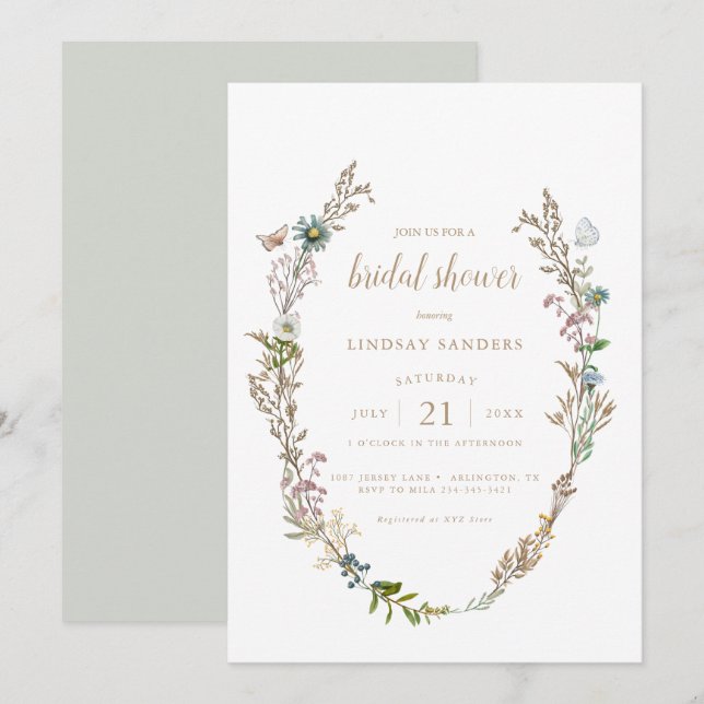 Invitación Mariposa Boho Foliage Wreath Bridal Shower (Anverso / Reverso)