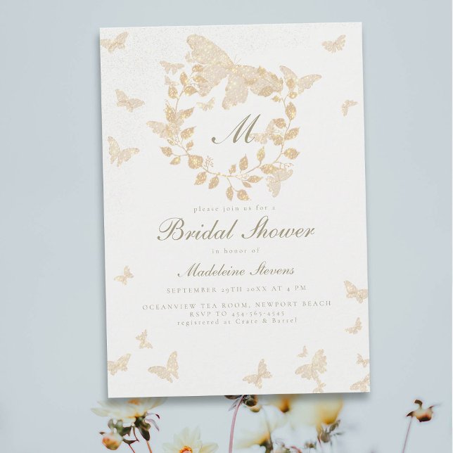 Invitación Mariposa Bridal Shower Gold Monograma Verdor (gold butterflies bridal shower invitation elegant botanical wreath greenery eucalyptus romantic boho)
