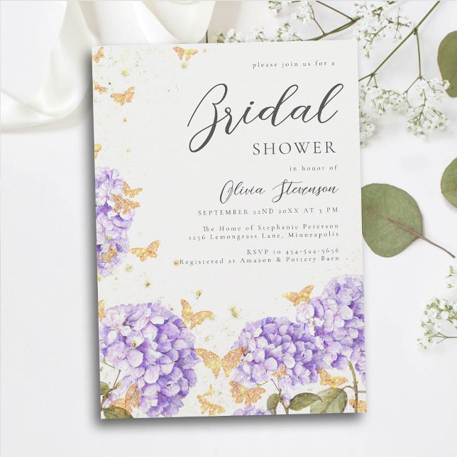 Invitación Mariposa Bridal Shower Gold Purple Hydrangea (hydrangea bridal shower invitation floral flowers garden rustic butterflies purple gold romantic )