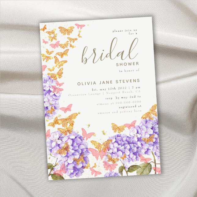 Invitación Mariposa Bridal Shower Hydrangea Gold Elegante (Subido por el creador)
